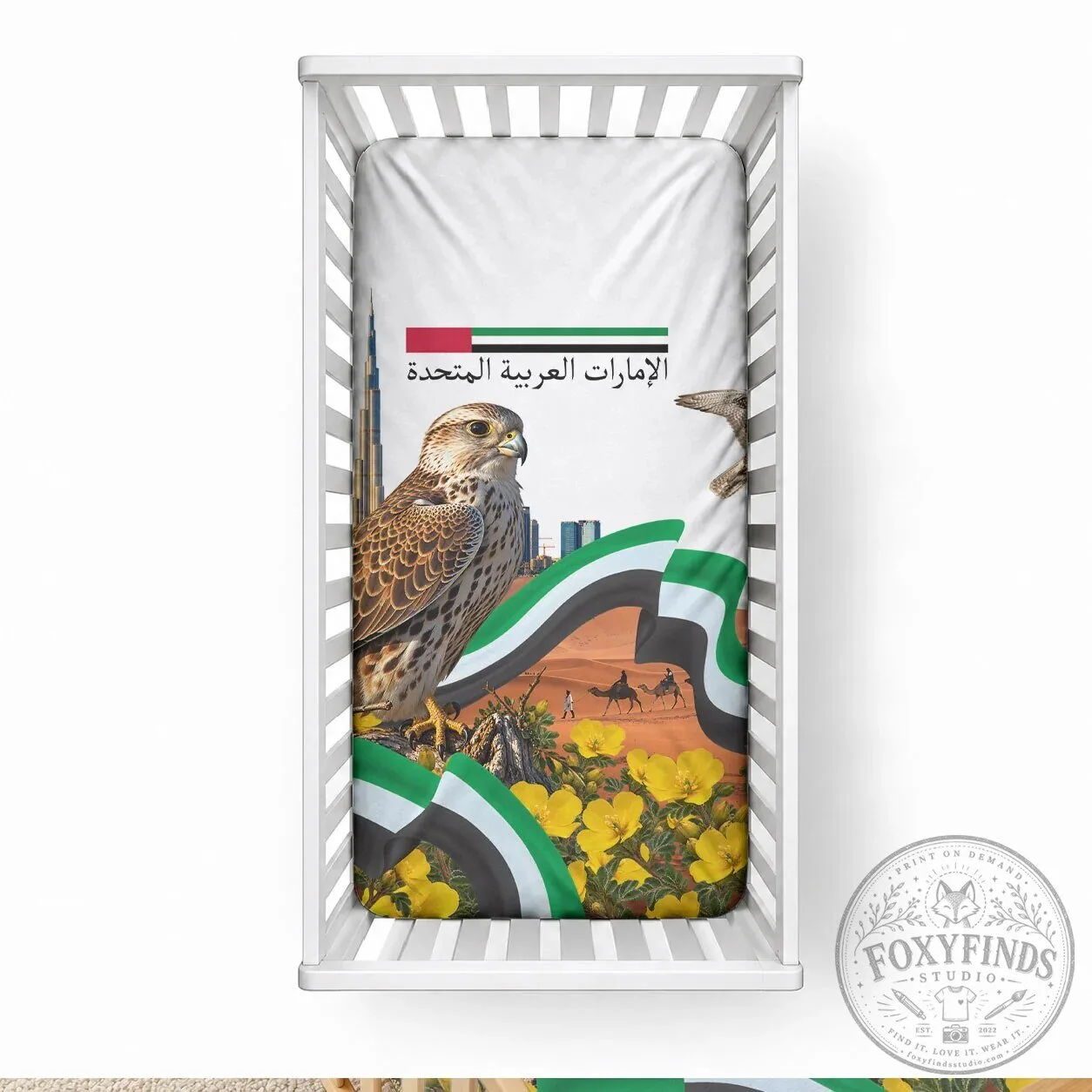 United Arab Emirates National Day Falcon Desert Landscape Baby Crib Fitted Sheet