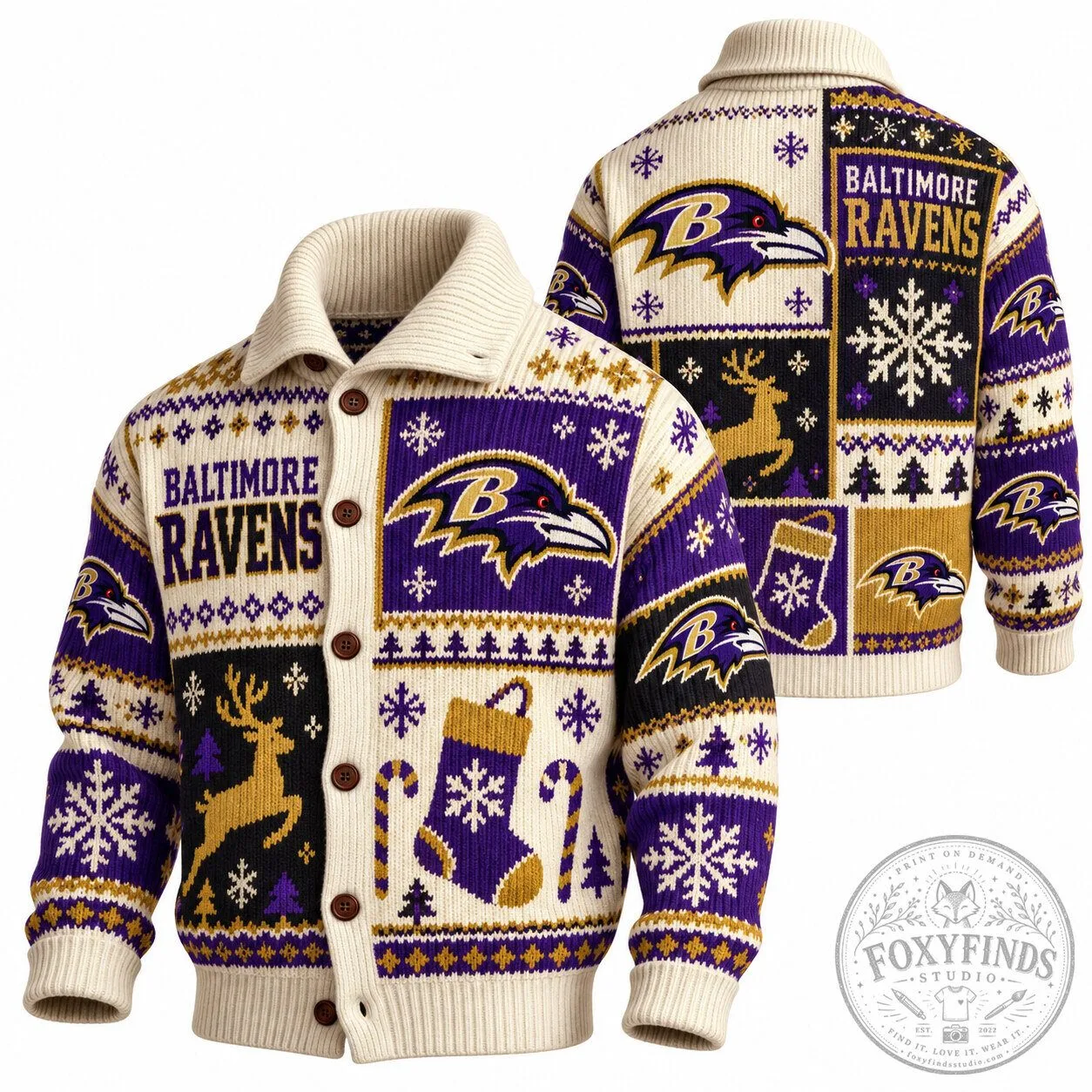 Baltimore Ravens Ugly Christmas Sweater Knit Cardigan