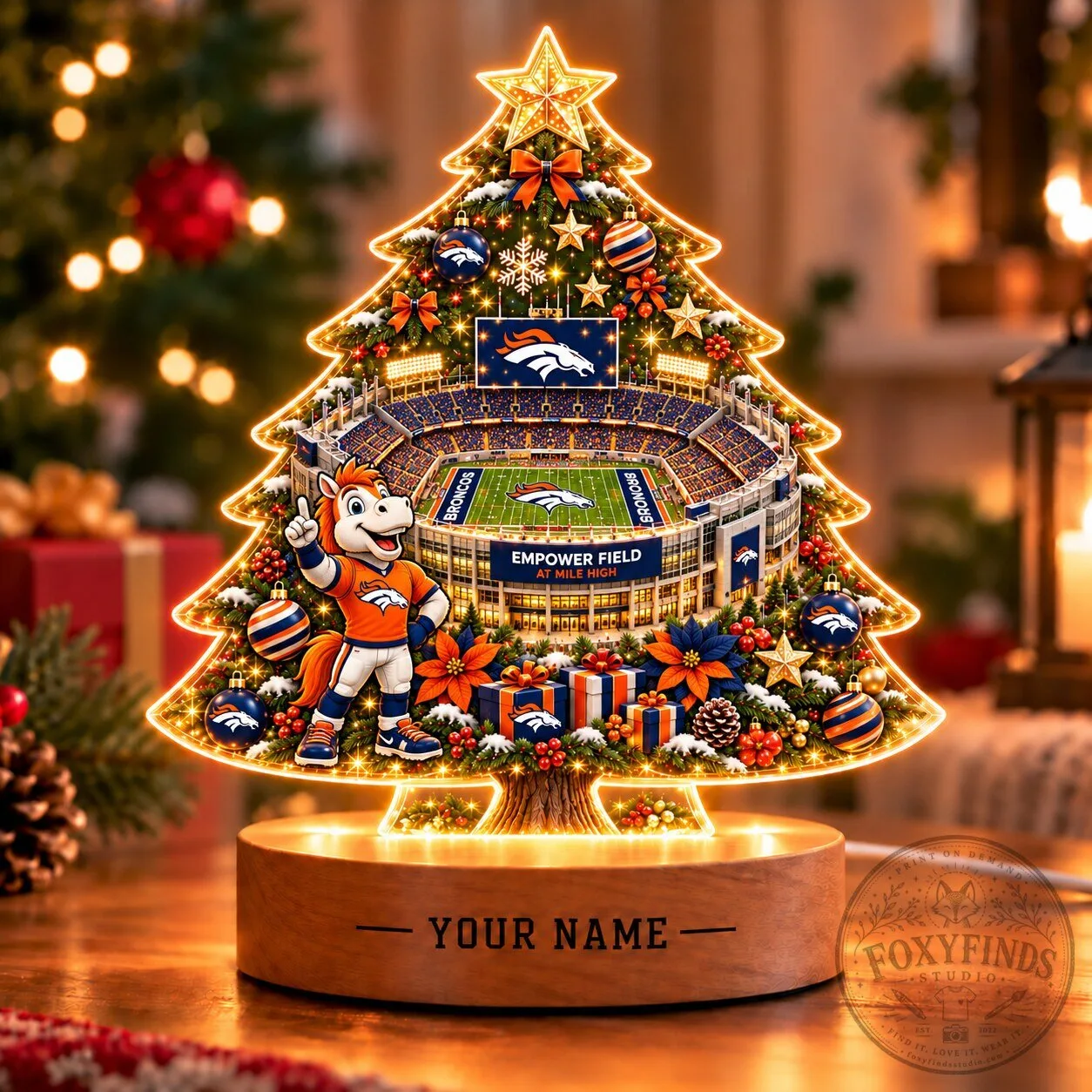 Denver Broncos Christmas Tree LED Light Personalized Name Tabletop Decor