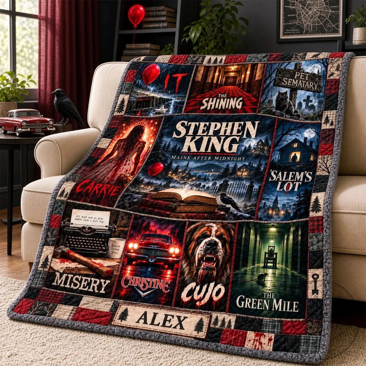 Stephen King Horror Novels Quilted Blanket, Personalized Gifts for Book Lovers