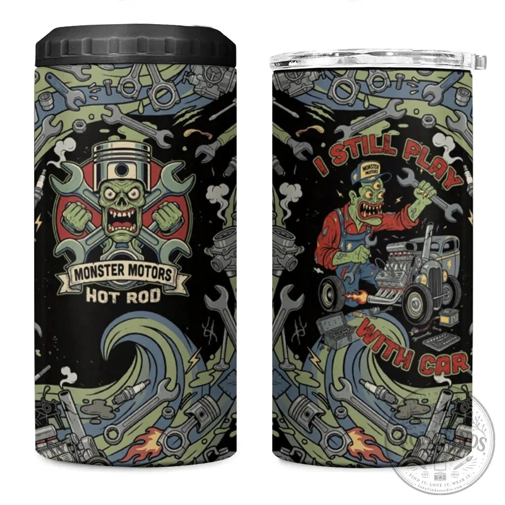 Monster Motors Hot Rod Zombie Mechanic Auto Tools Can Cooler Tumbler