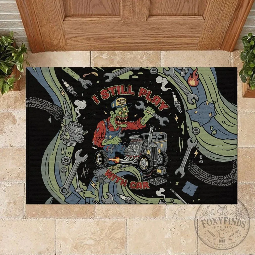 Monster Motors Zombie Mechanic Hot Rod Vintage Auto Tools Art Doormat
