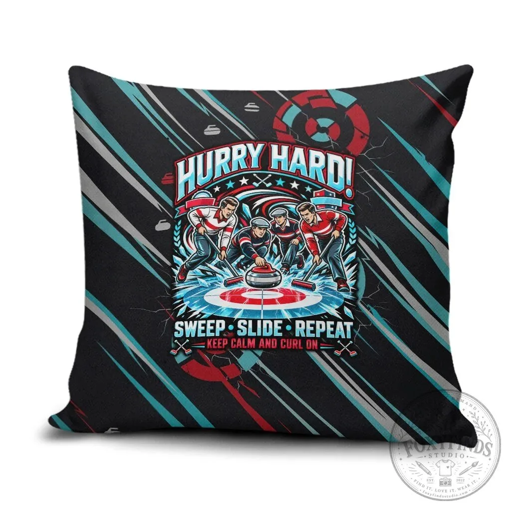 Hurry Hard Curling Sweep Slide Repeat Keep Calm and Curl On Throw Pillow