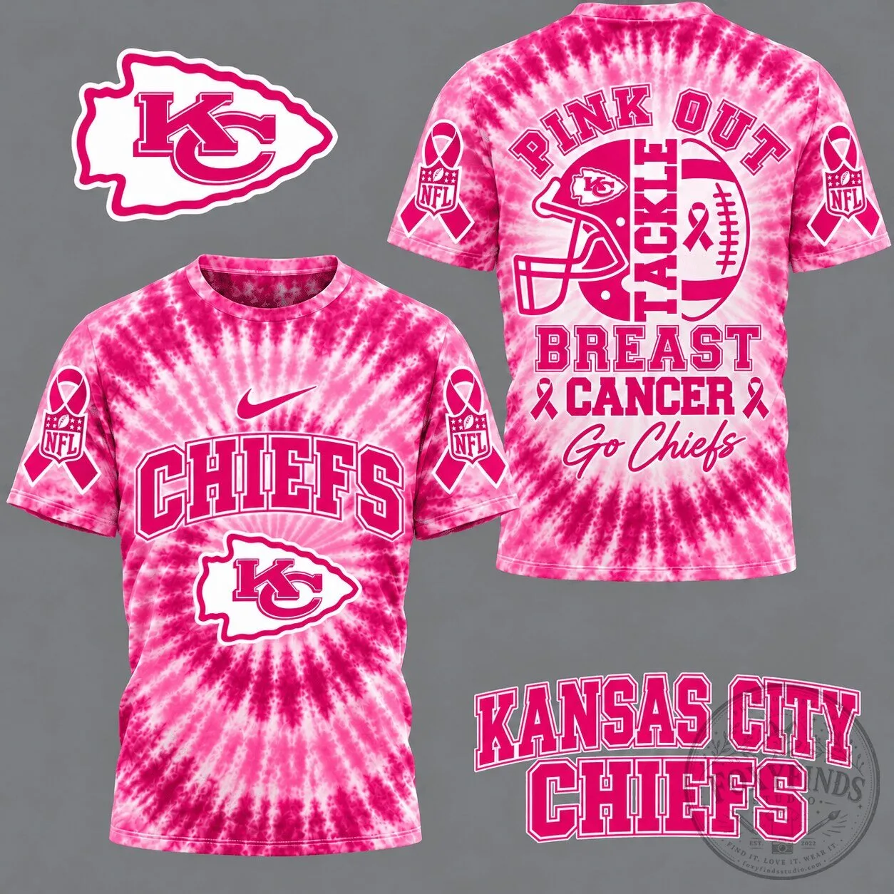 Kansas City Chiefs Pink Tie-Dye Breast Cancer Awareness Football T-Shirt