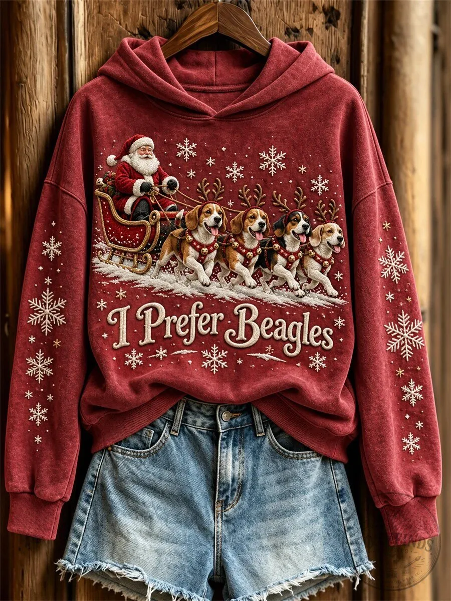 Christmas I Prefer Beagles Santa Claus Sleigh and Dogs Holiday Hoodie
