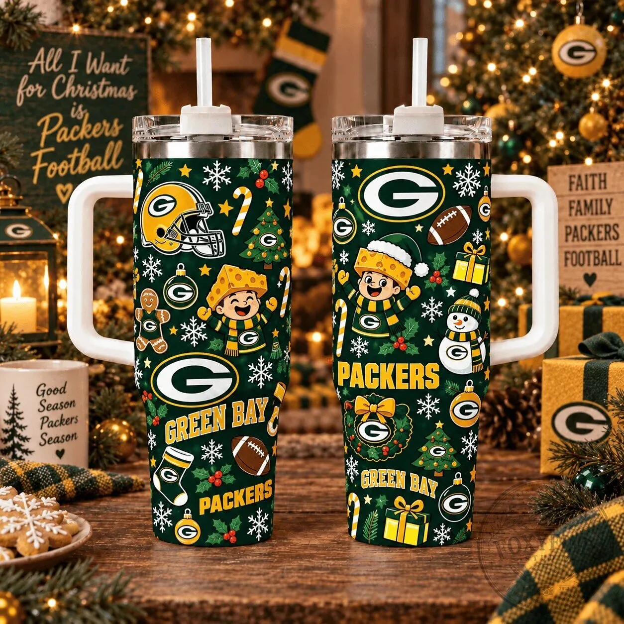 Green Bay Packers Christmas Football Team Insulated Travel Tumbler with Handle