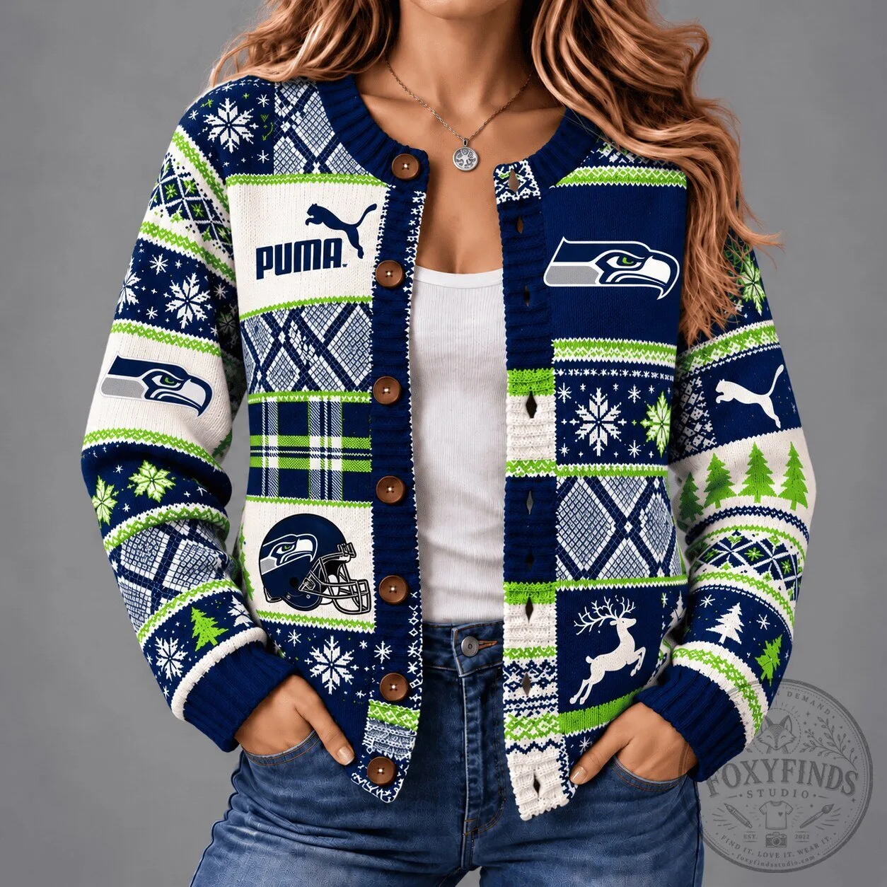 Seattle Seahawks Christmas Ugly Sweater Cardigan for Women