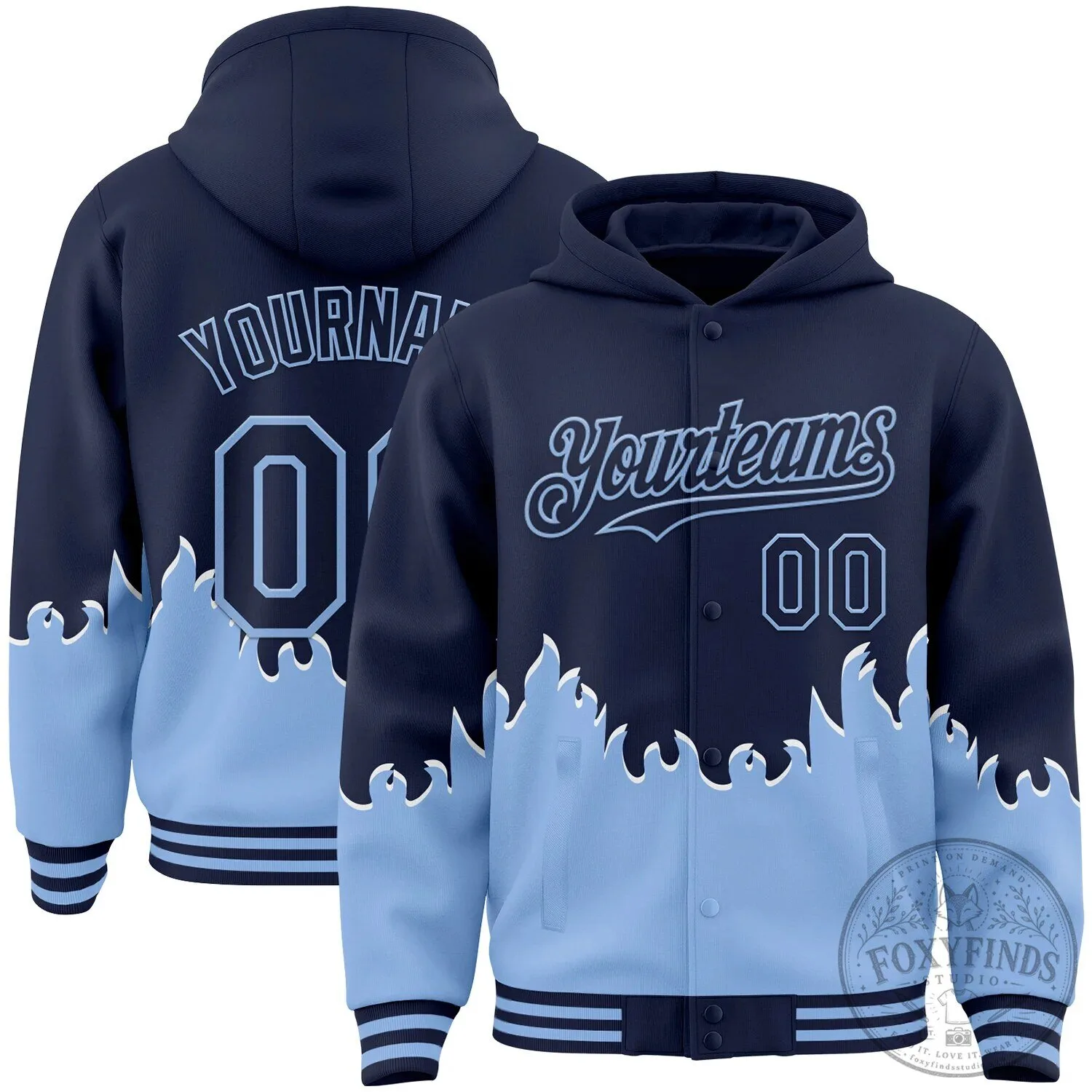 Custom Navy Blue Light Blue Fire Flame Bomber Full Snap Varsity Letterman Hoodie Jacket