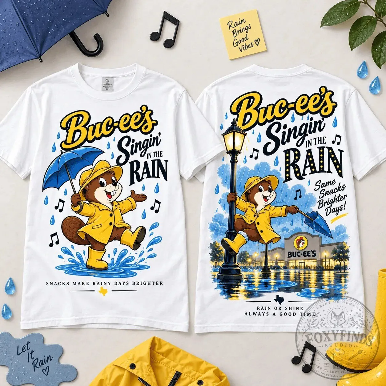 Buc-ee's Singin' in the Rain Beaver Mascot White Graphic T-Shirt