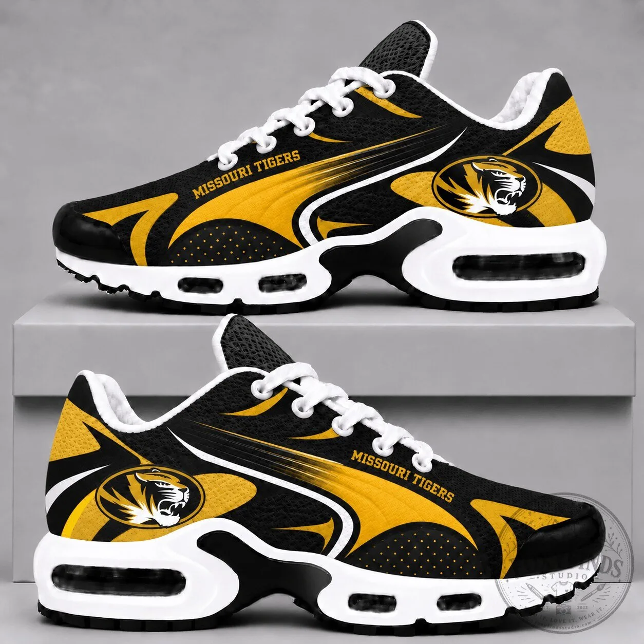 Missouri Tigers NCAA Football Team Black and Gold Athletic Sneakers Shoes