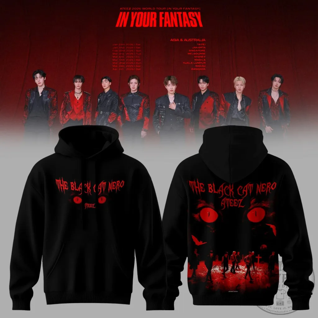 Ateez In Your Fantasy World Tour 2026 The Black Cat Nero Pullover Hoodie Ateez In Your Fantasy World Tour 2026 The Black Cat Nero Pullover Hoodie