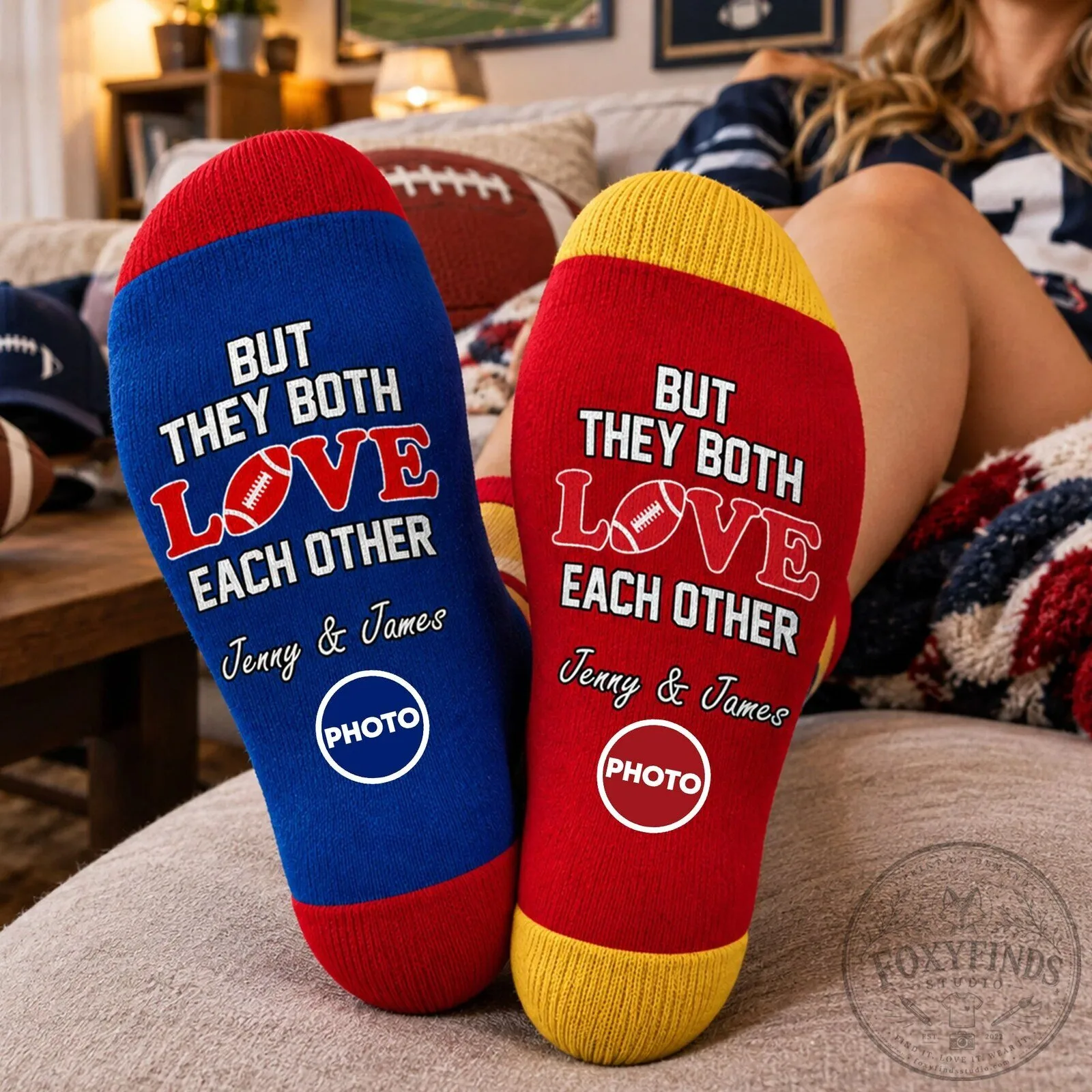 Personalized Football Couple Socks, But They Both Love Each Other Custom Photo Socks