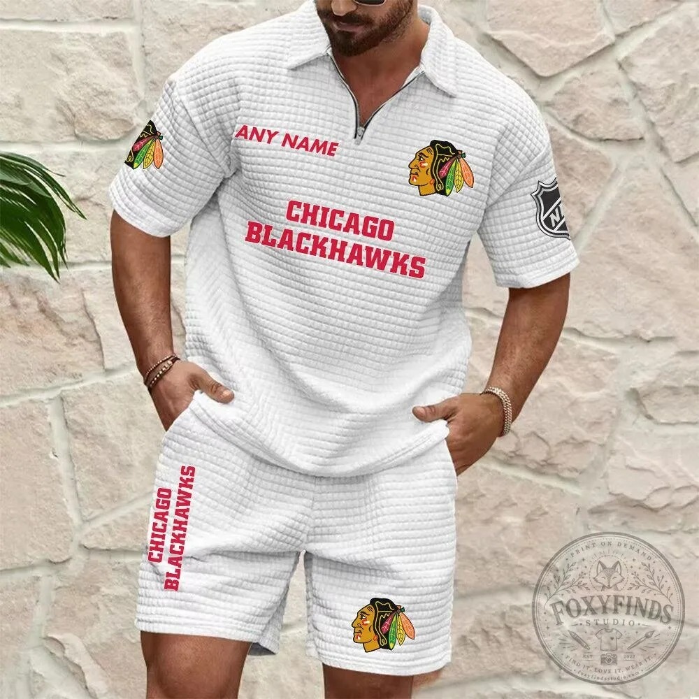Chicago Blackhawks Personalized Name Waffle Knit Polo Shirt and Shorts Set