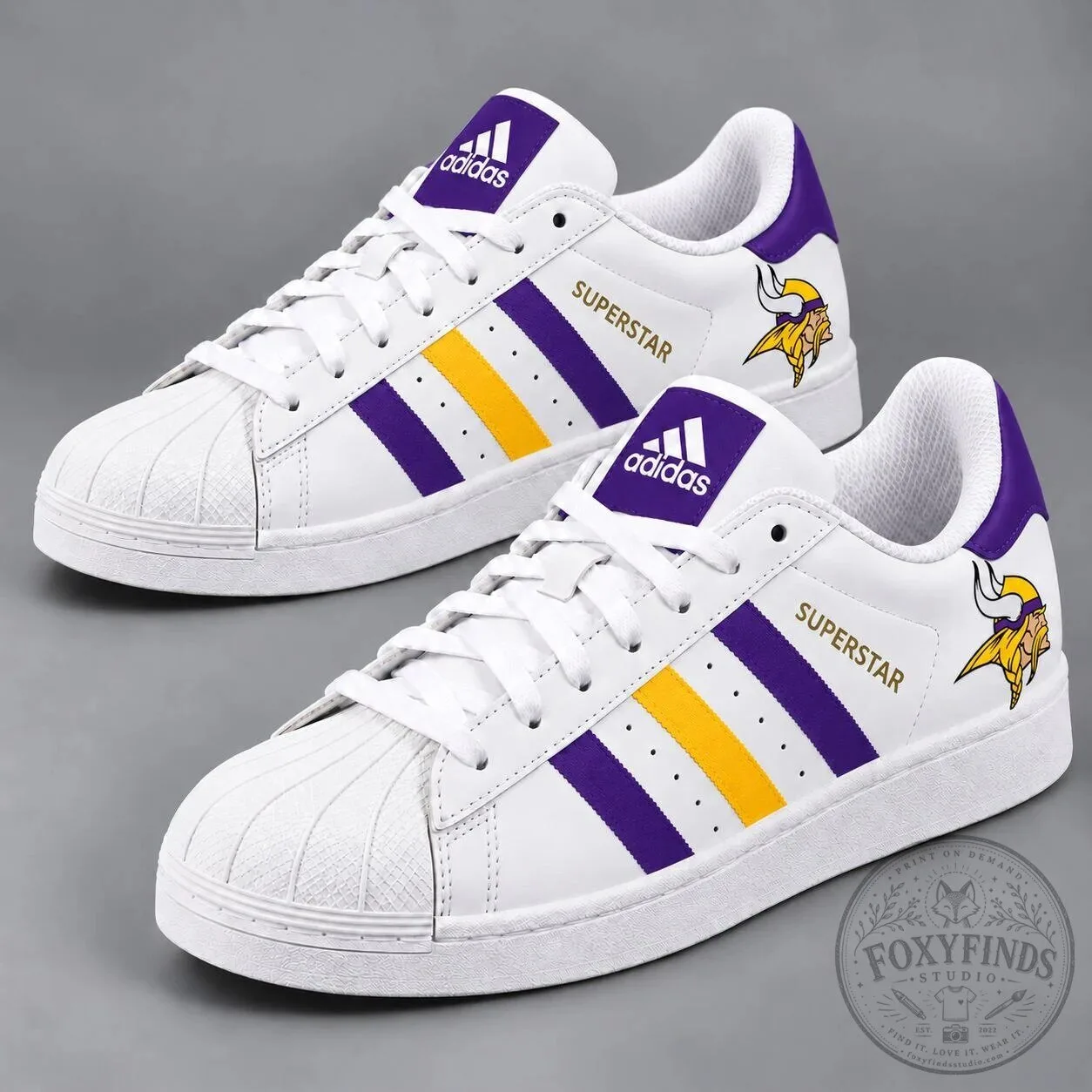 Minnesota Vikings NFL Team Logo White Purple Yellow Superstar Shoes 4 Minnesota Vikings NFL Team Logo White Purple Yellow Superstar Shoes