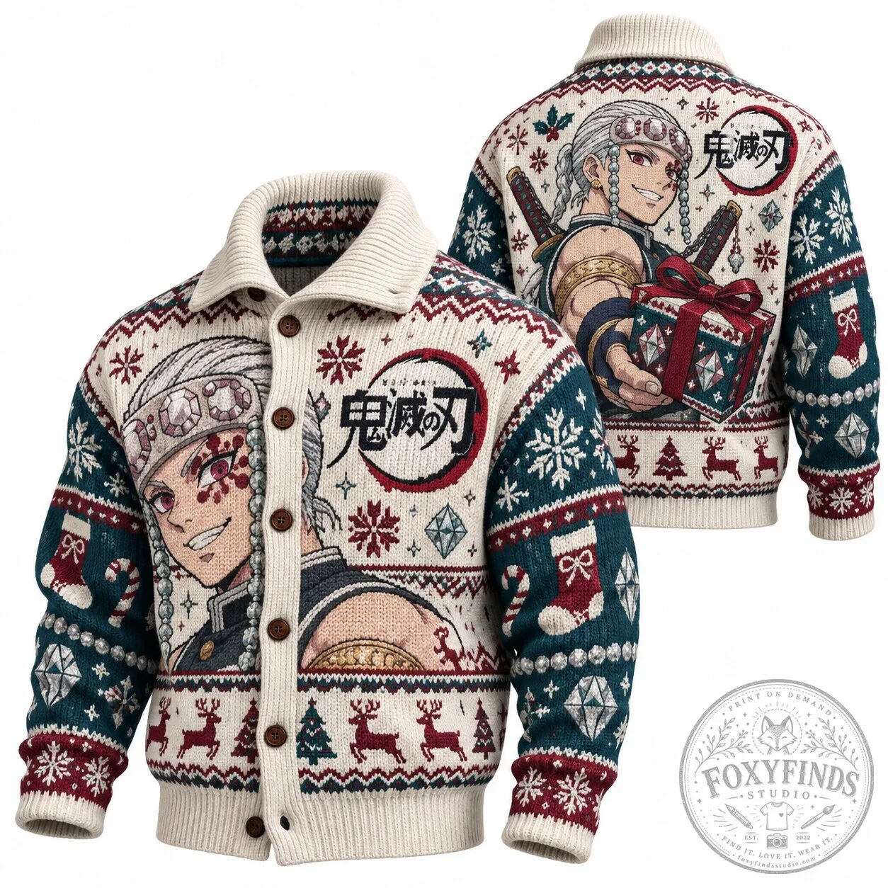 Demon Slayer Tengen Uzui Anime Christmas Holiday Knit Cardigan Sweater