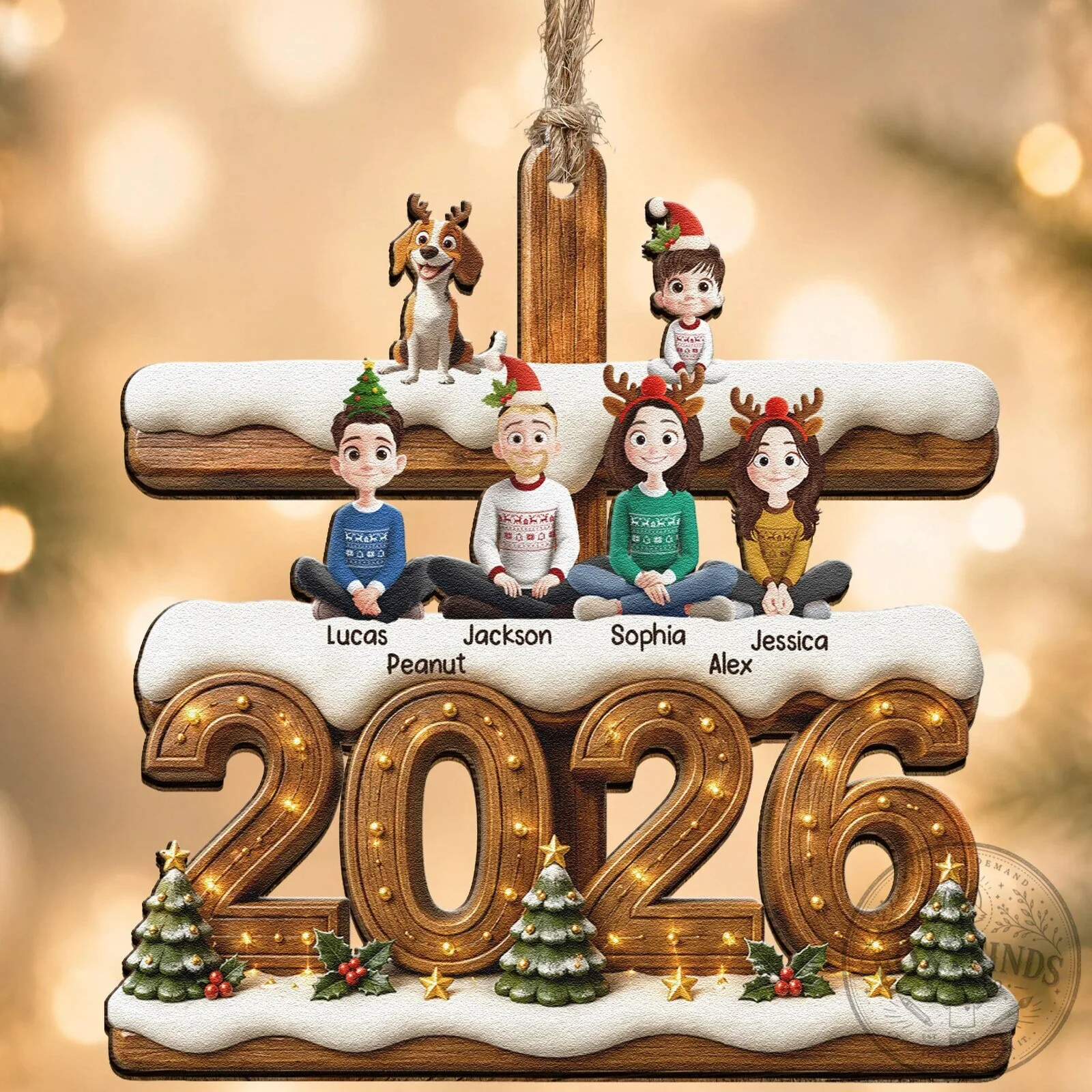 Personalized Christmas Family and Pets 2026 Wooden Ornament