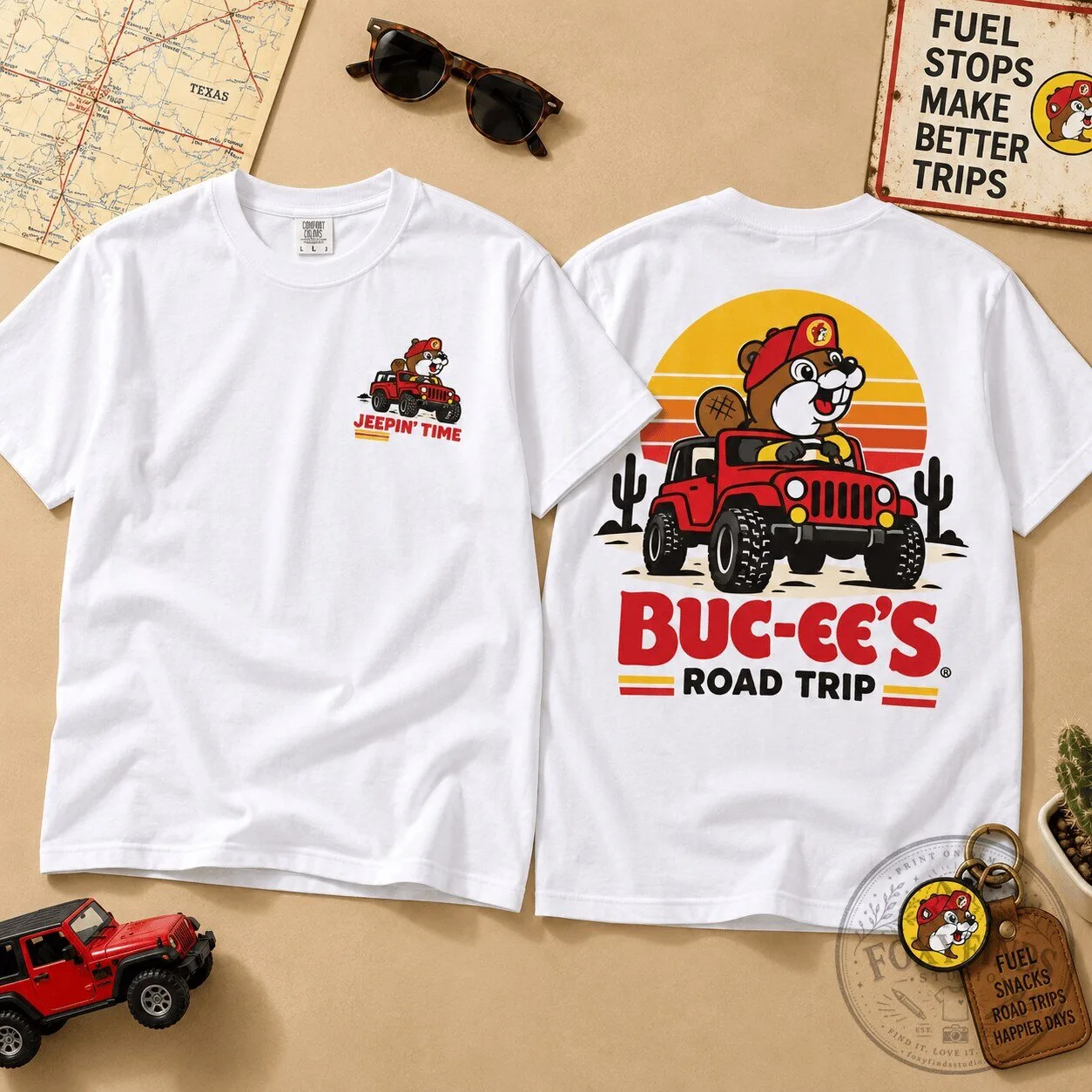 Buc-ee's Beaver Mascot Jeep Road Trip Sunset White T-Shirt