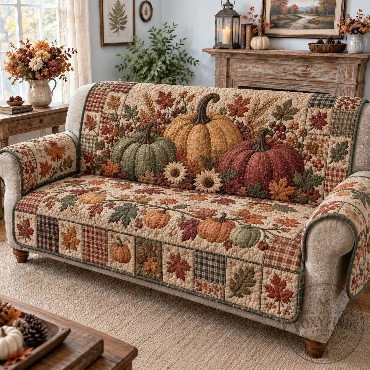 Autumn Pumpkin Patch Quilted Sofa Cover for Fall Home Decor