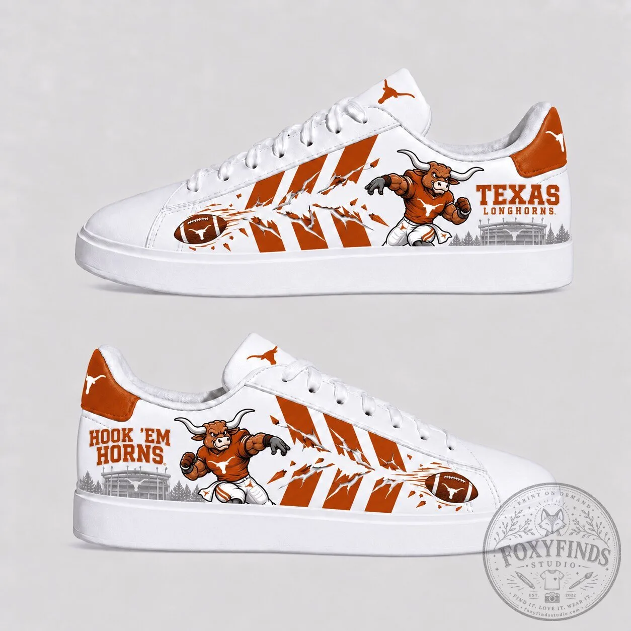 Texas Longhorns Hook 'Em Horns Football Team White Sneakers Shoes 3 Texas Longhorns Hook 'Em Horns Football Team White Sneakers Shoes