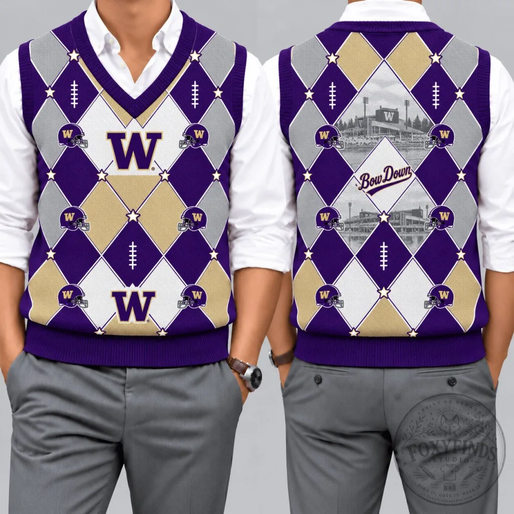 Washington Huskies Football Team Argyle Pattern V-Neck Knit Sweater Vest Washington Huskies Football Team Argyle Pattern V-Neck Knit Sweater Vest