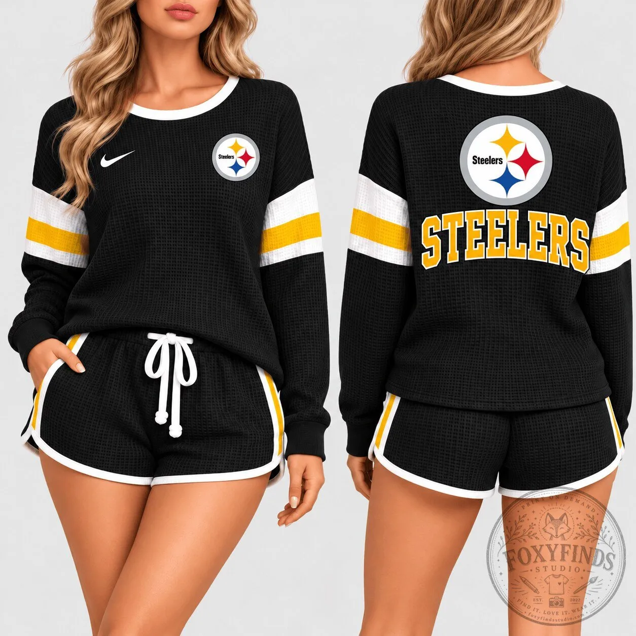 Pittsburgh Steelers NFL Football Team Women's Black Waffle Knit Lounge Set