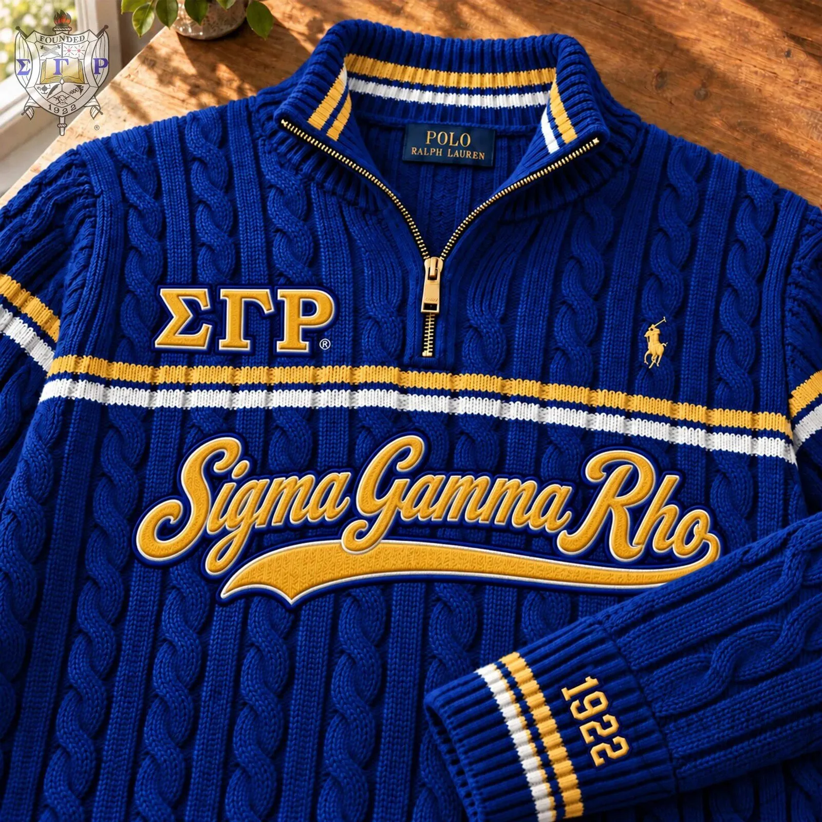 Sigma Gamma Rho Sorority Royal Blue Cable Knit Quarter Zip Polo Shirt