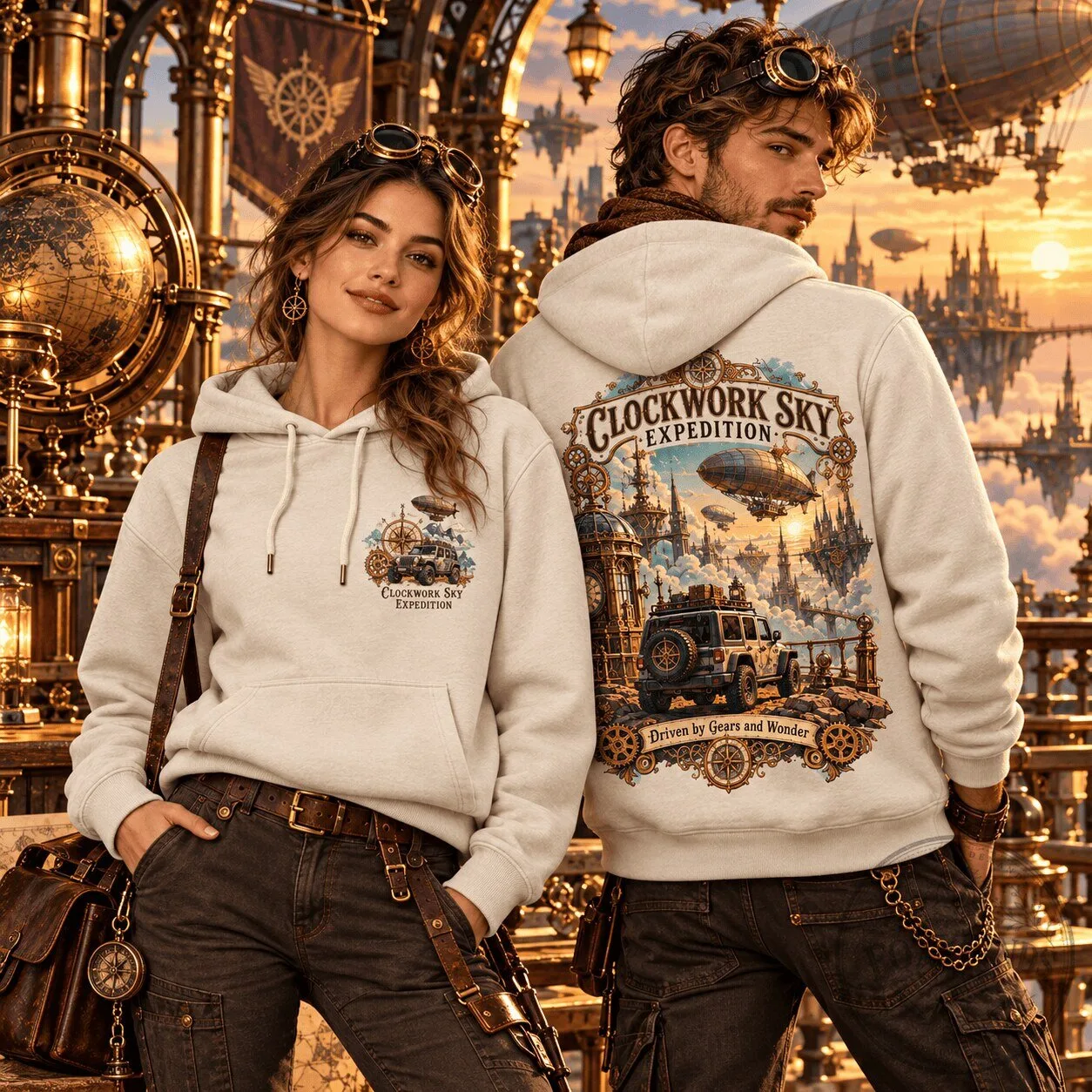 Clockwork Sky Expedition Steampunk Jeep Driven by Gears and Wonder Hoodie