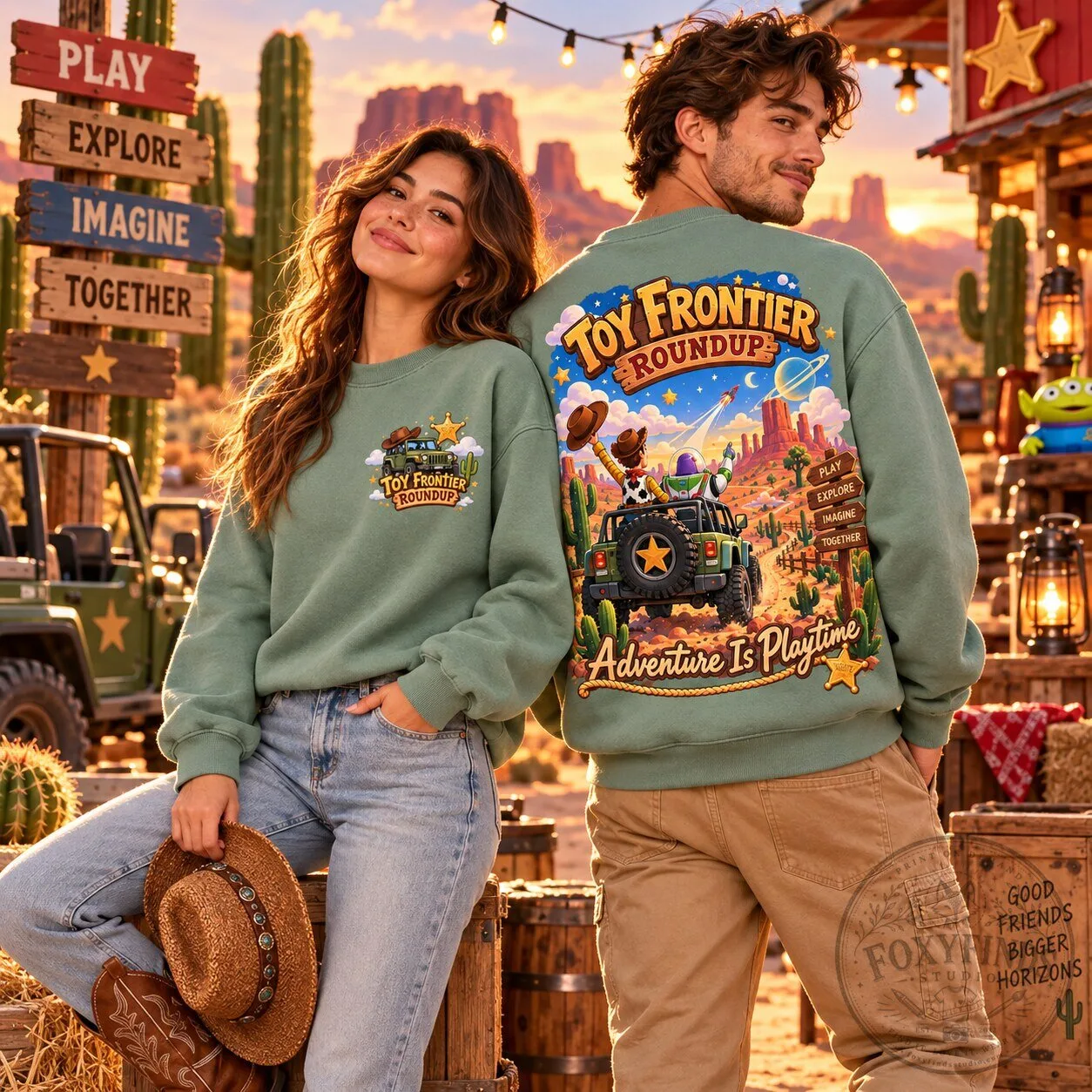Toy Frontier Roundup Adventure Is Playtime Green Crewneck Sweatshirt