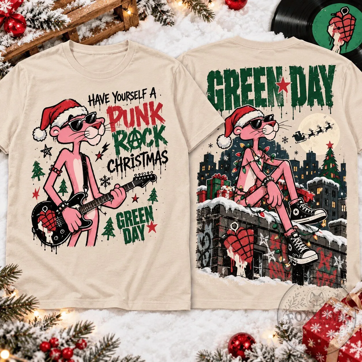 Green Day Pink Panther Punk Rock Christmas T-Shirt