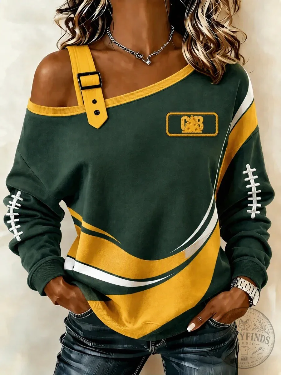 Green Bay Packers Women's Football Fan Oblique Shoulder Sweatshirt