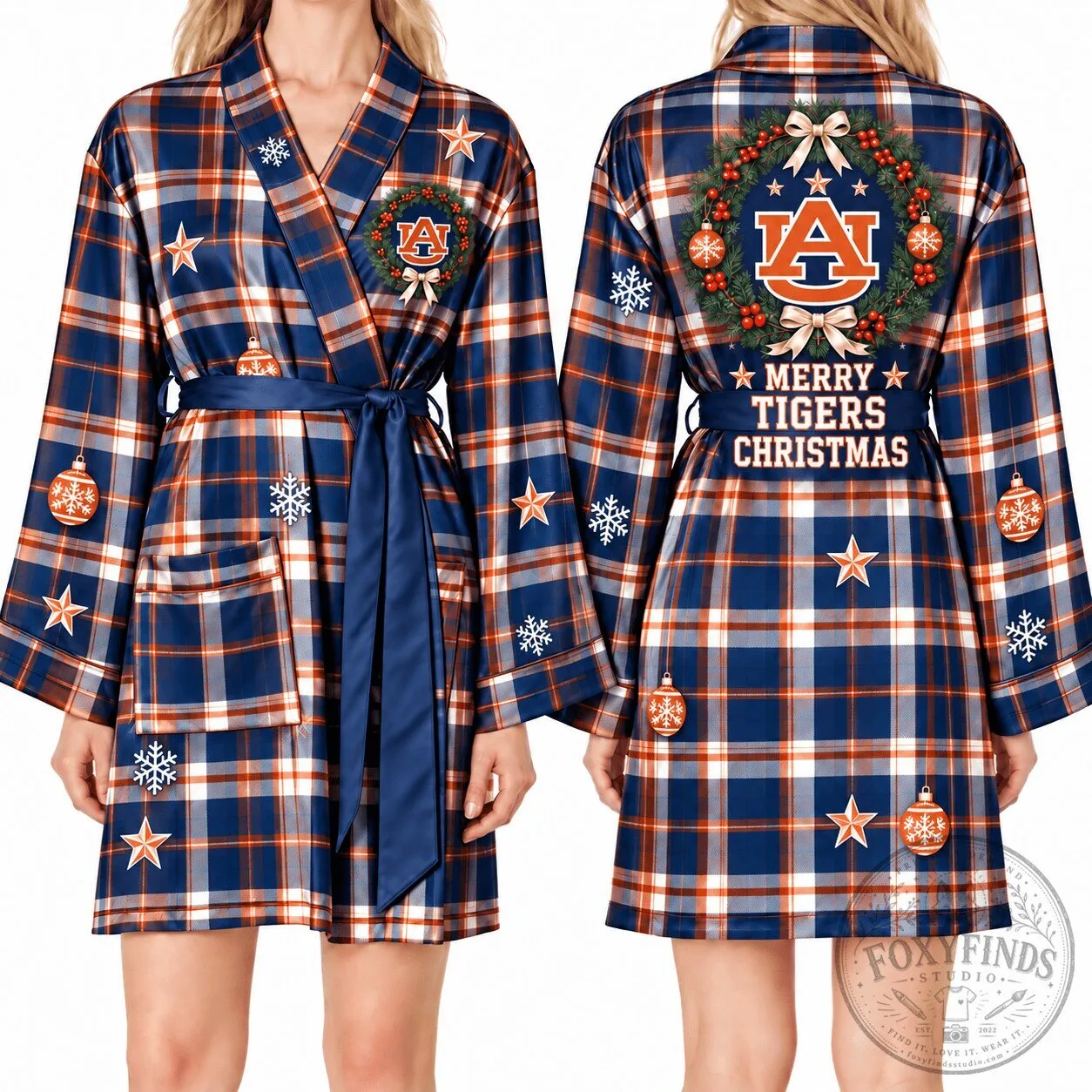 Auburn Tigers Christmas Plaid Relaxed-Fit Satin Robe 3 Auburn Tigers Christmas Plaid Relaxed-Fit Satin Robe