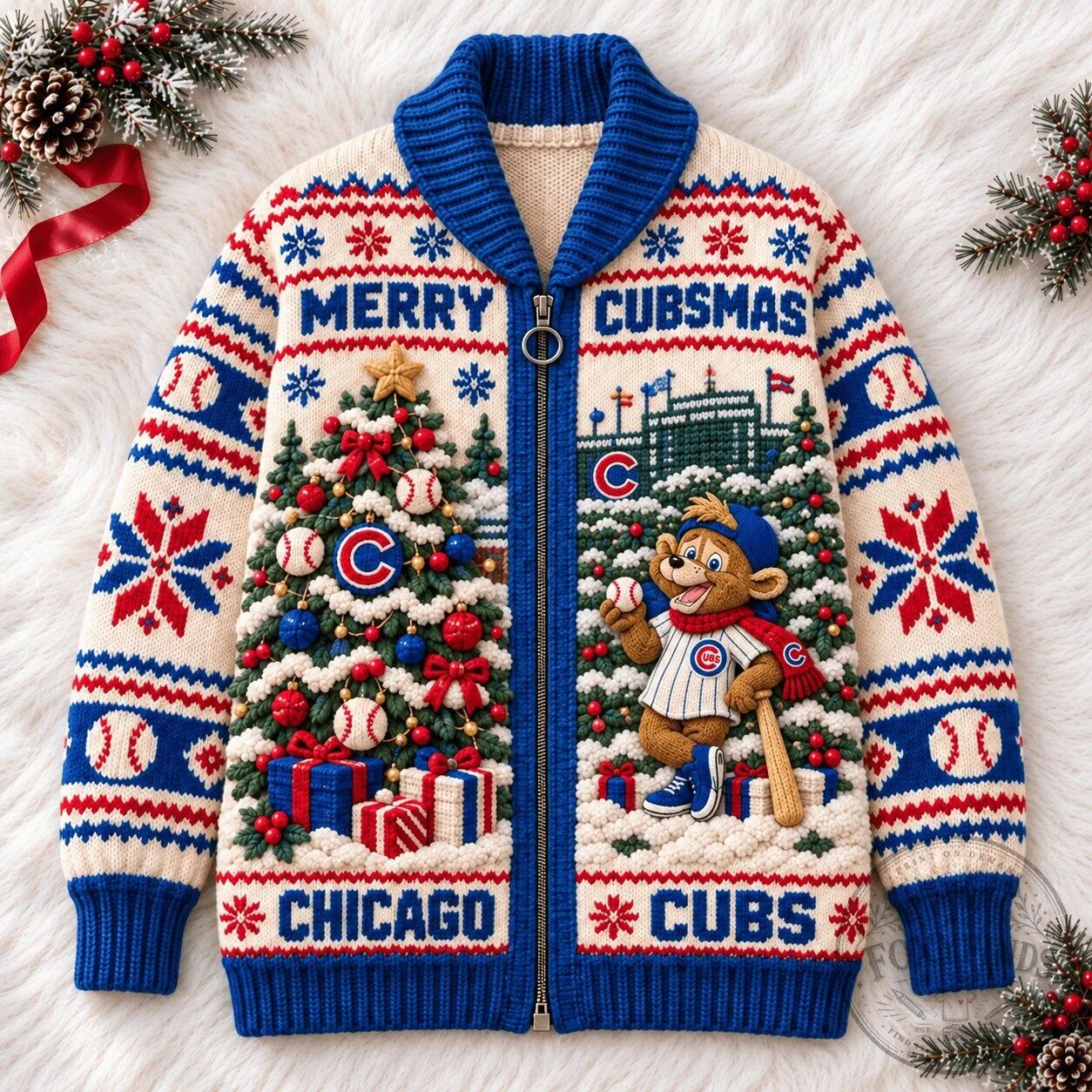 Chicago Cubs Merry Cubsmas Christmas Holiday Knitted Sweater Cardigan