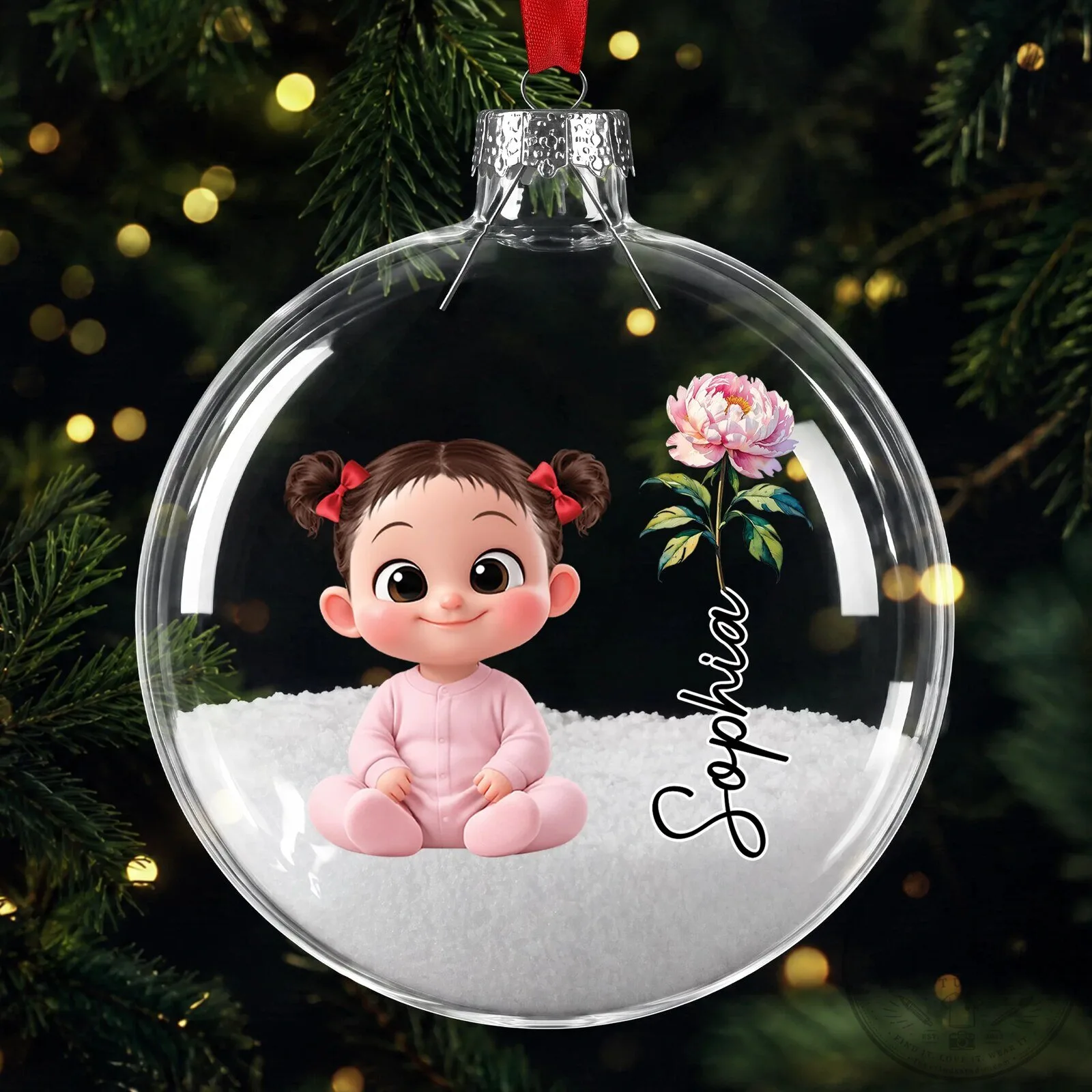 Personalized Baby Girl First Christmas Ornament with Birth Flower and Name