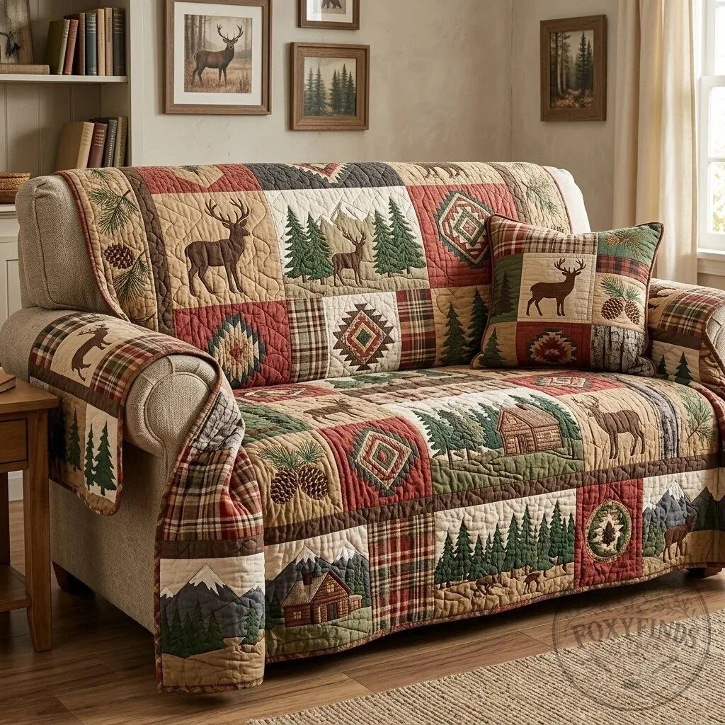 Rustic Deer Patchwork Quilted Sofa Cover for Lodge Cabin Decor