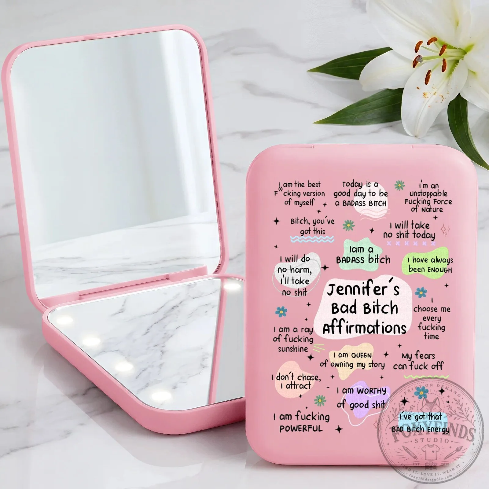Personalized Bad Bitch Affirmations Compact Mirror with LED Light