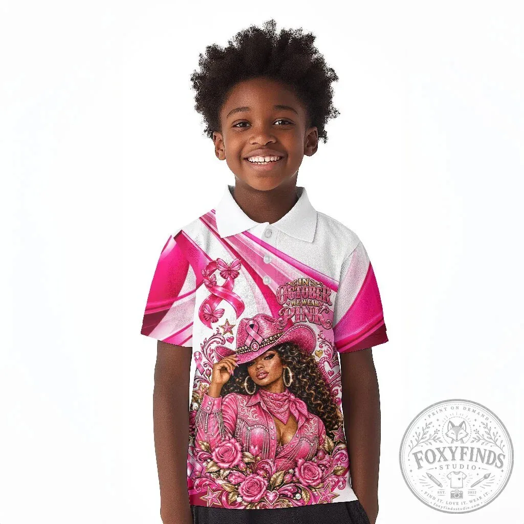 Western Wear Kids Breast Cancer Awareness Pink Cowgirl Polo Shirt