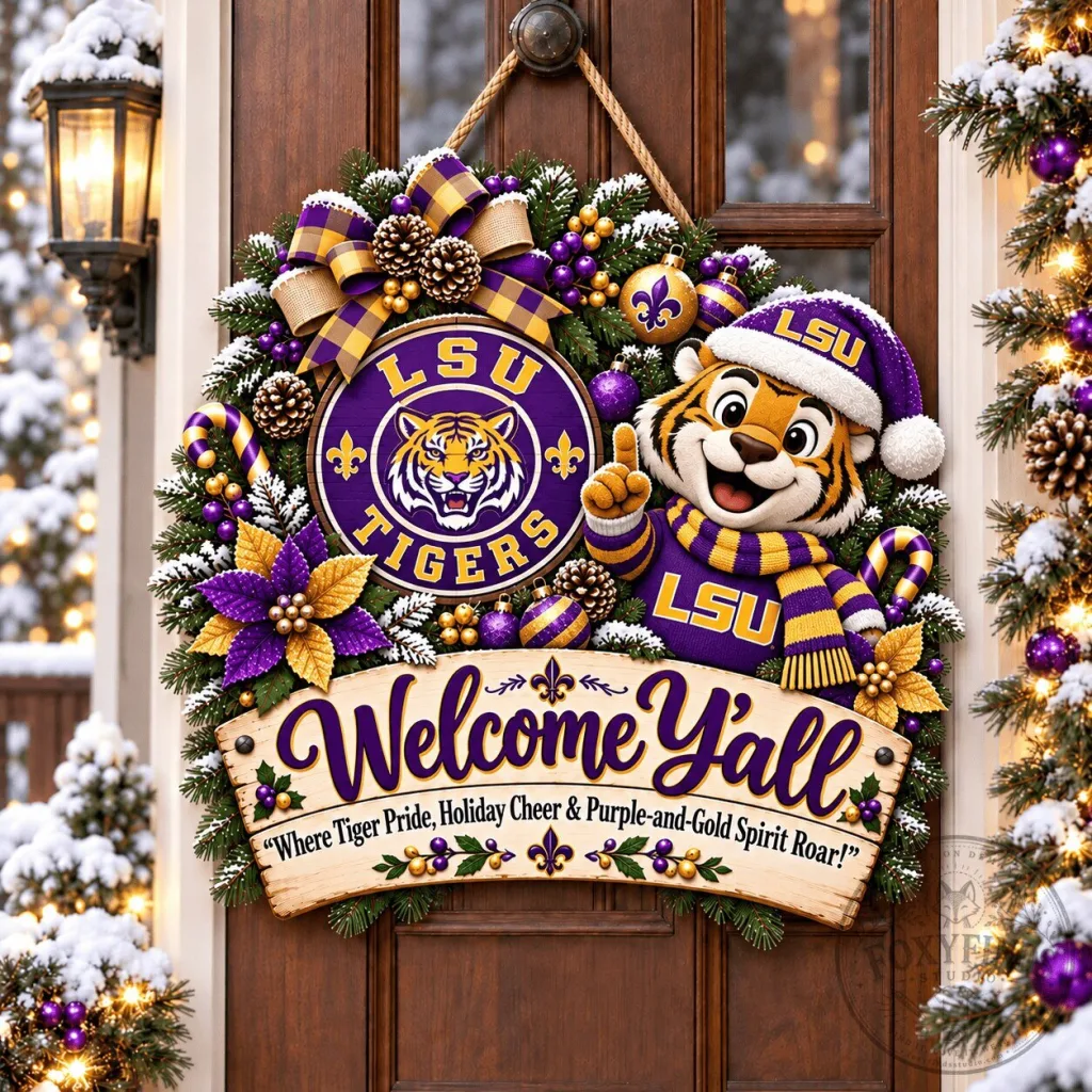 LSU Tigers Mascot Christmas Welcome Y'all Door Hanger Wreath LSU Tigers Mascot Christmas Welcome Y'all Door Hanger Wreath