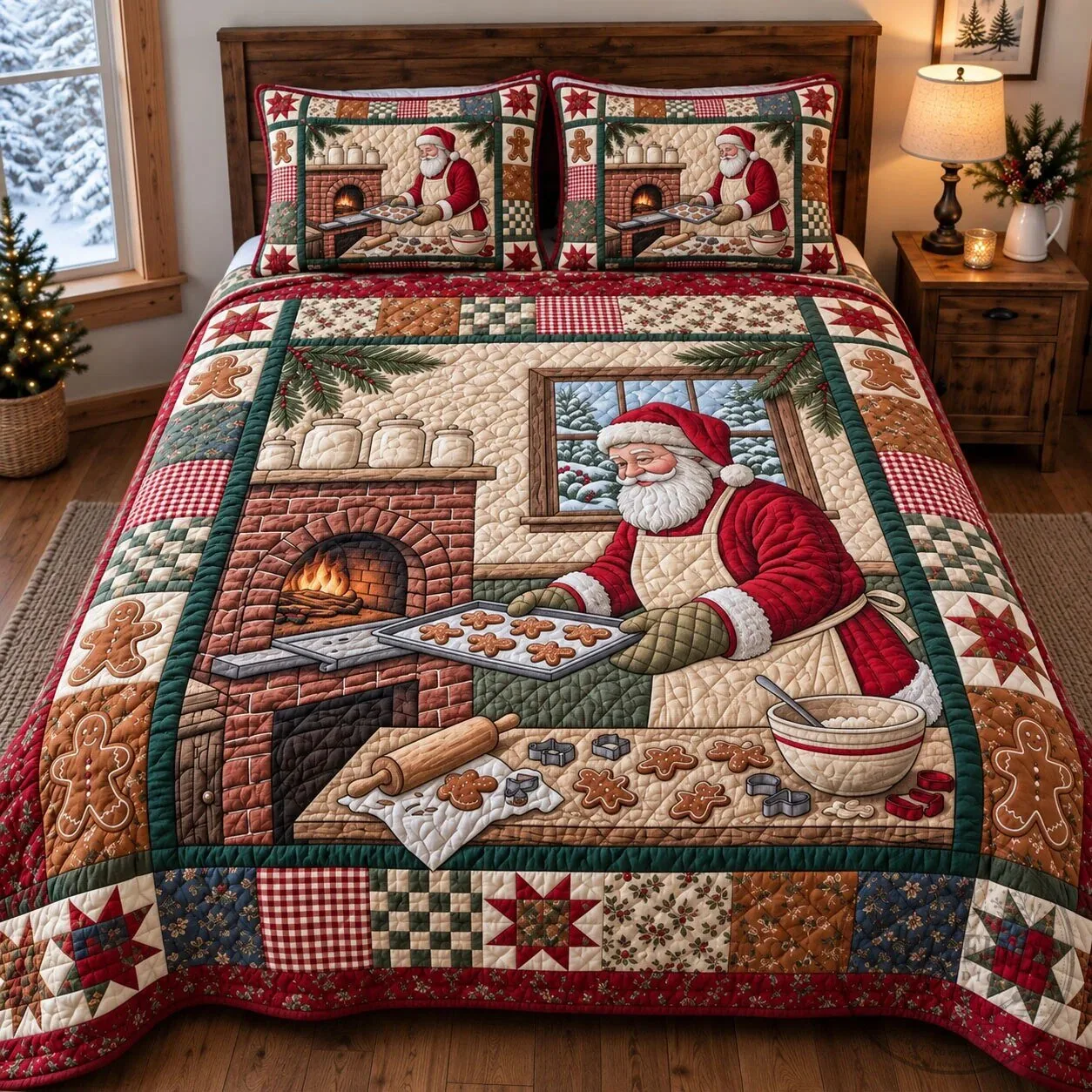 Santa Claus Baking Gingerbread Cookies Christmas Holiday Quilted Bedding Set