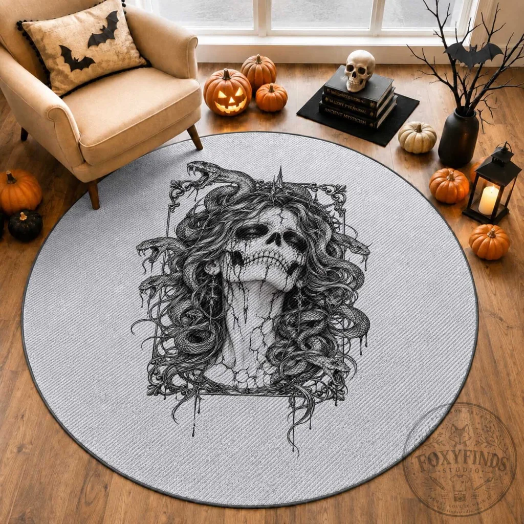 Gothic Medusa Skull Snake Greek Mythology Round Rug Dark Fantasy Home Decor Gothic Medusa Skull Snake Greek Mythology Round Rug Dark Fantasy Home Decor