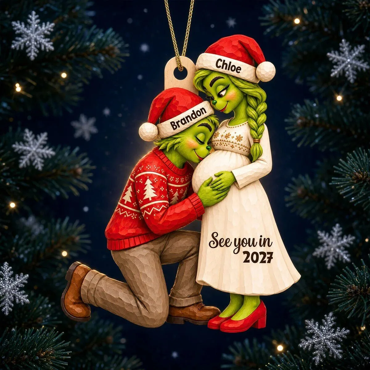 Grinch Couple Pregnancy Announcement Christmas Ornament - Personalized Baby Bump Holiday Gift