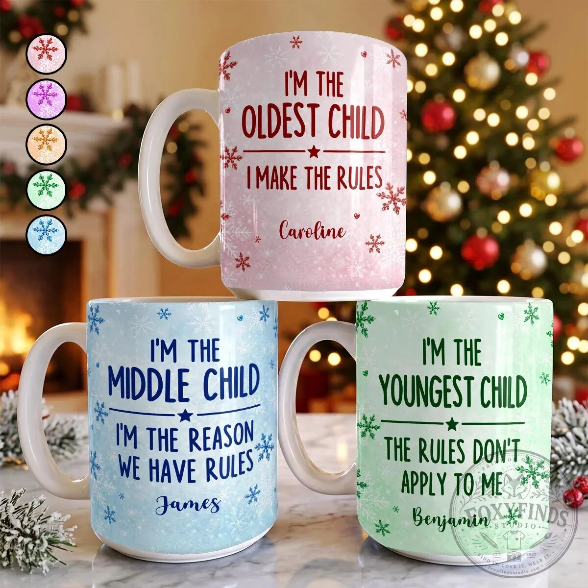 Personalized Oldest Middle Youngest Child Christmas Snowflake Coffee Mug