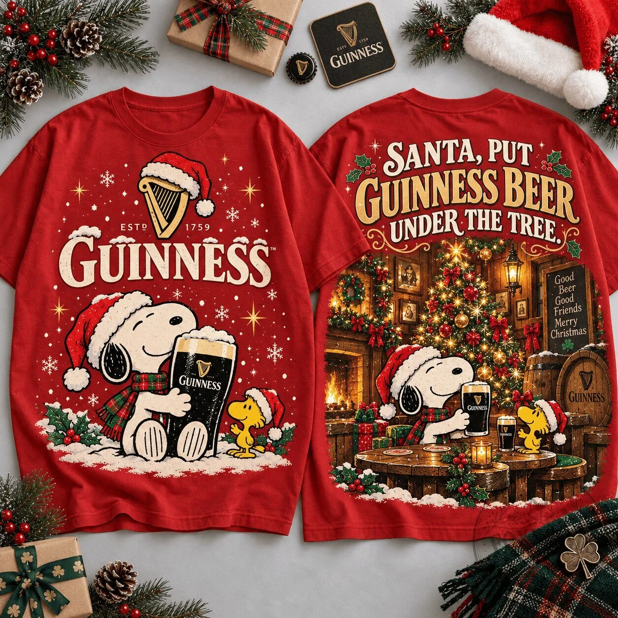 Guinness Beer Snoopy Christmas Holiday Pub Scene Red T-Shirt