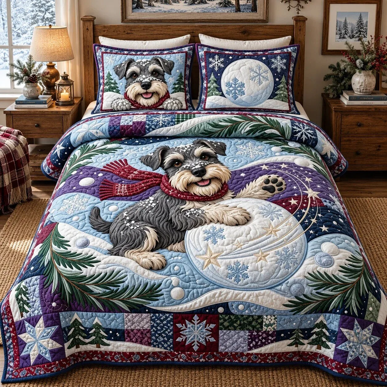 Schnauzer Snowball Mischief Winter Holiday Quilted Bedding Set