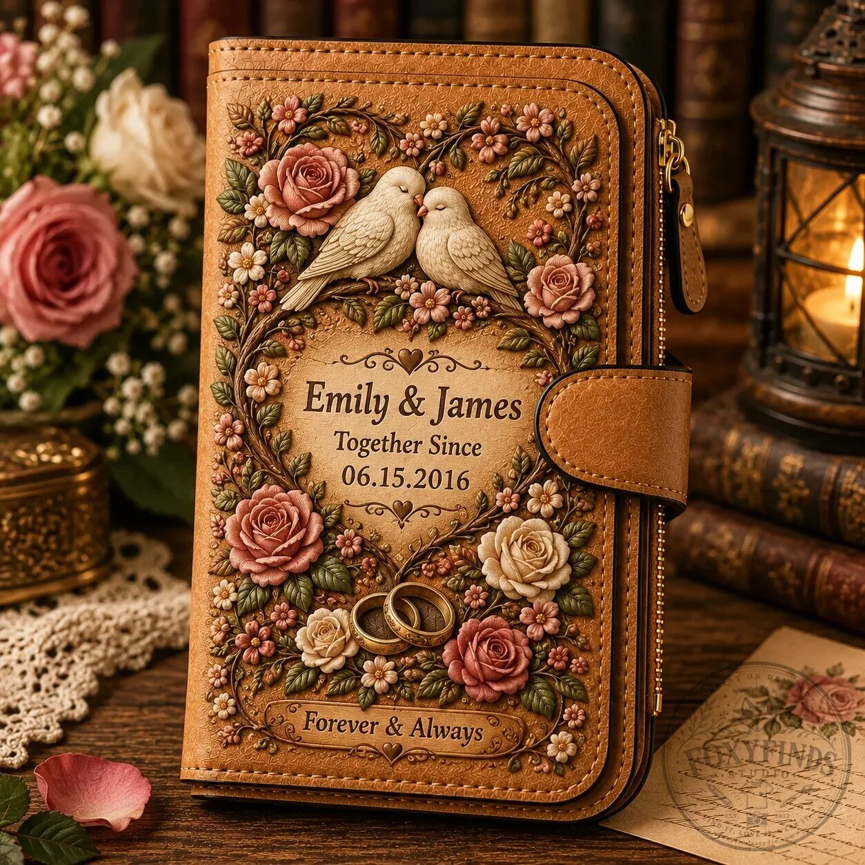 Personalized Vintage Romance Wallet with Doves and Roses for Couples