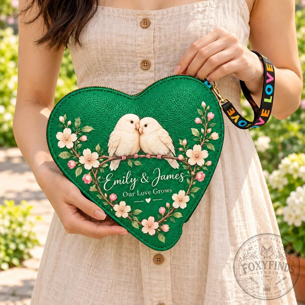 Personalized Lovebirds Heart Shaped Coin Purse with Custom Names and Message