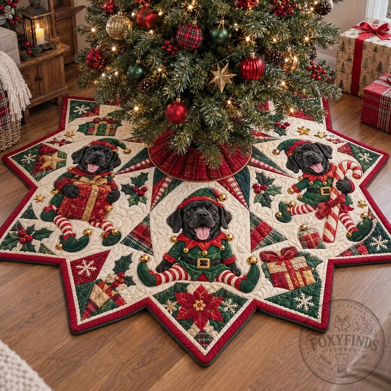 Labrador Elf Christmas Holiday Quilted Tree Skirt with Festive Dog Design 9 Labrador Elf Christmas Holiday Quilted Tree Skirt with Festive Dog Design