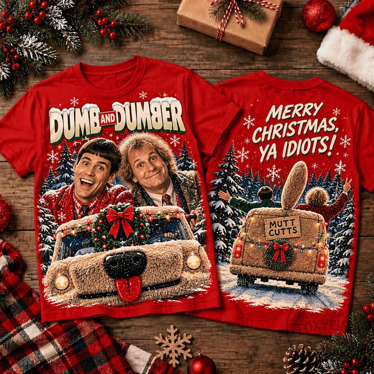 Dumb and Dumber Christmas Holiday Mutt Cutts Van Ugly Sweater T-Shirt