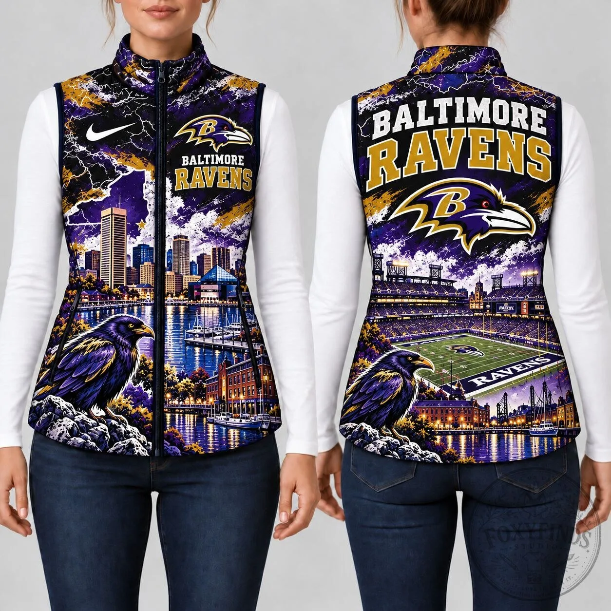 Baltimore Ravens Football Team Skyline Graphic Print Lightweight Puffer Vest