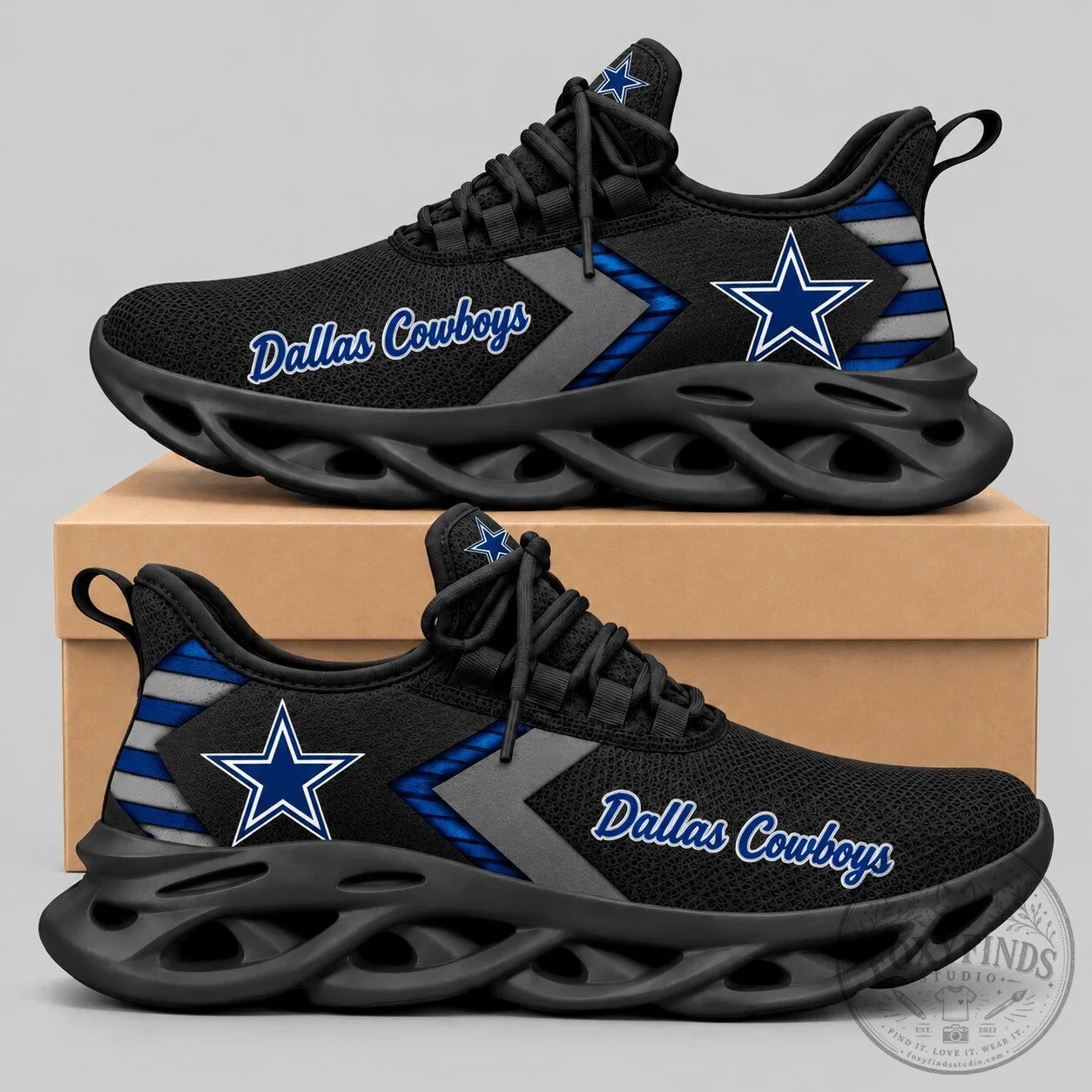 Dallas Cowboys NFL Script Wordmark Wave Sole Black and Blue Sneakers